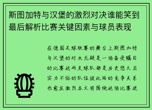 斯图加特与汉堡的激烈对决谁能笑到最后解析比赛关键因素与球员表现